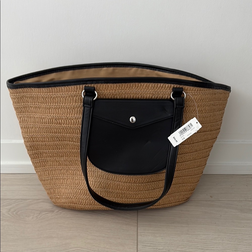 Tan and Black Structured Tote Bag with Leather Accents